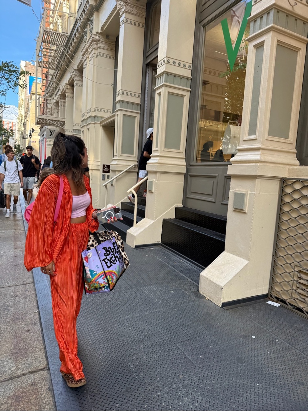 Orange pleated top and pants set with long sleeves and button-up front sz M